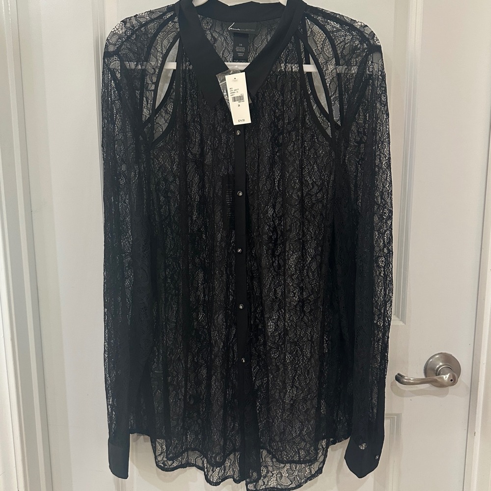 Lane Collection Black Sheer Floral Lace Button Down Shirt Blouse Plus Sz 28 NWT